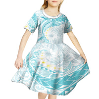 Polynesia Humpback Whale Kid Short Sleeve Dress Tropical Plumeria Turquoise