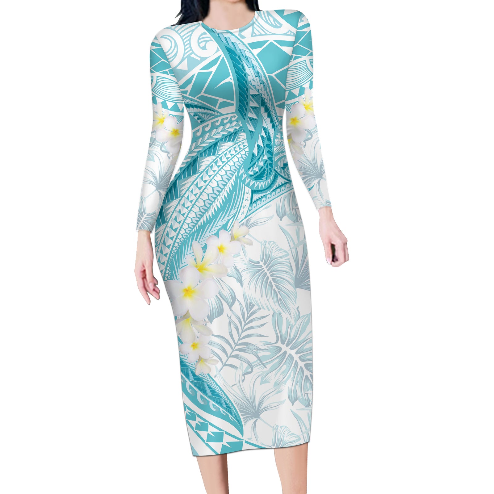 Polynesia Humpback Whale Long Sleeve Bodycon Dress Tropical Plumeria Turquoise LT7 Long Dress Turquoise - Polynesian Pride
