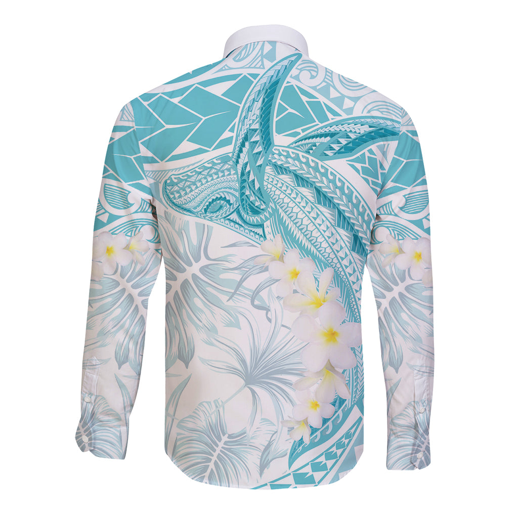 Polynesia Humpback Whale Long Sleeve Button Shirt Tropical Plumeria Turquoise