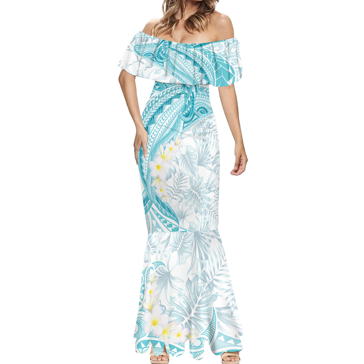 Polynesia Humpback Whale Mermaid Dress Tropical Plumeria Turquoise