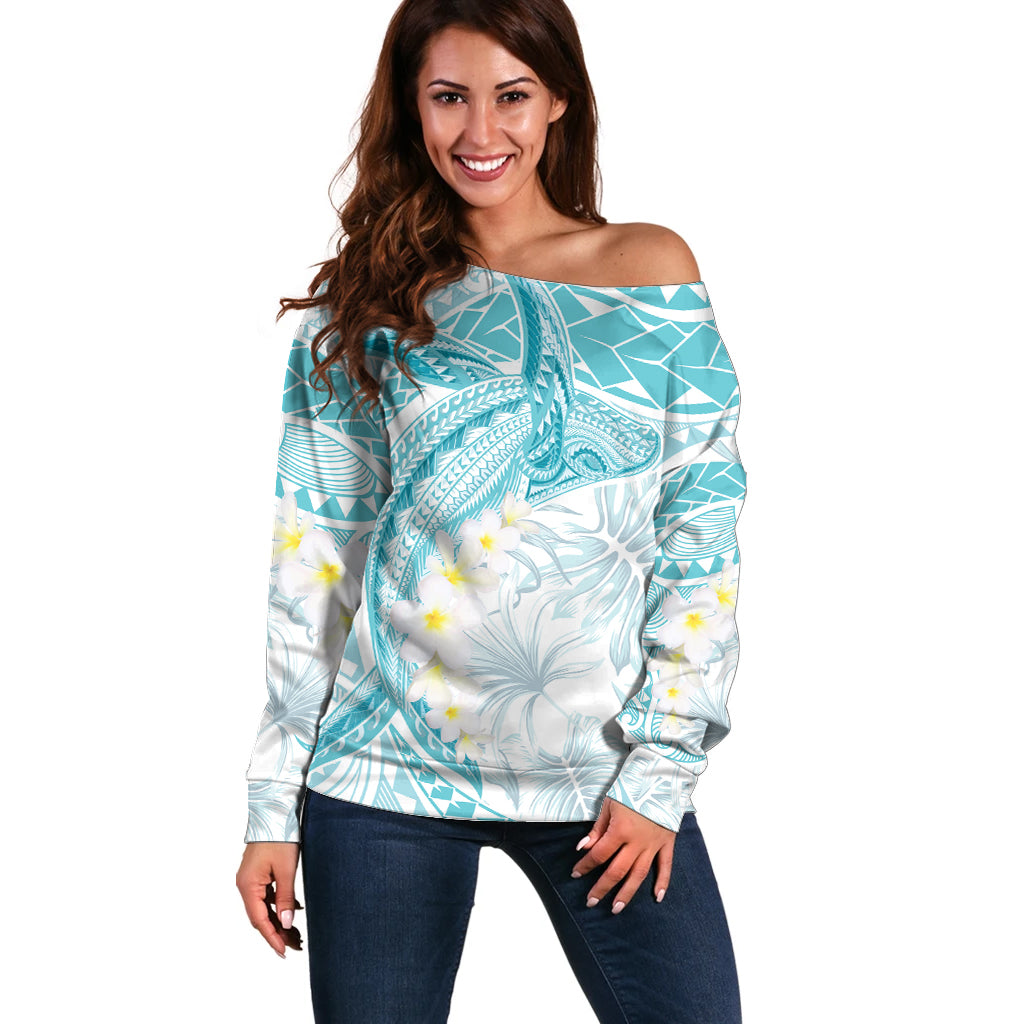 Polynesia Humpback Whale Off Shoulder Sweater Tropical Plumeria Turquoise