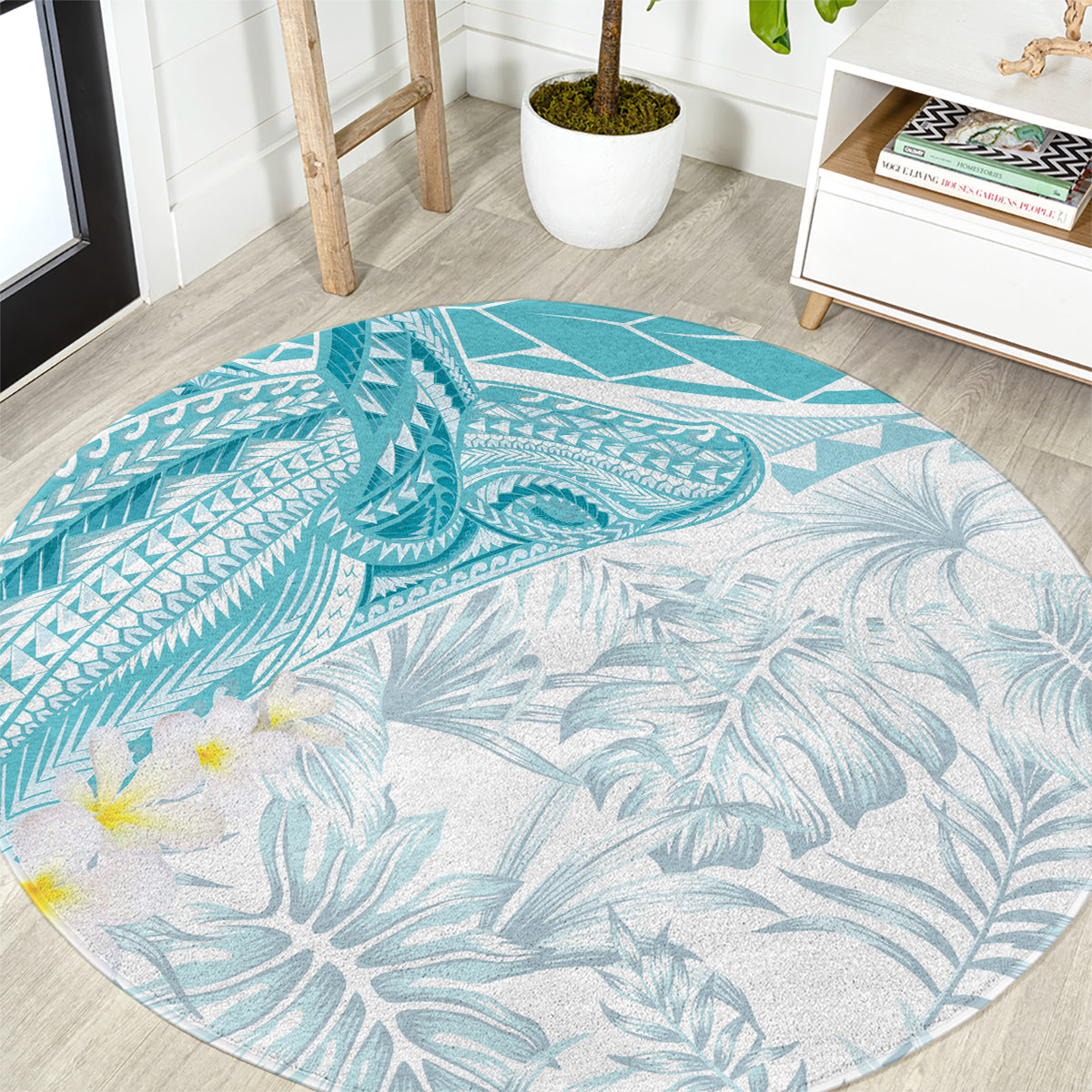 Polynesia Humpback Whale Round Carpet Tropical Plumeria Turquoise LT7 Turquoise - Polynesian Pride
