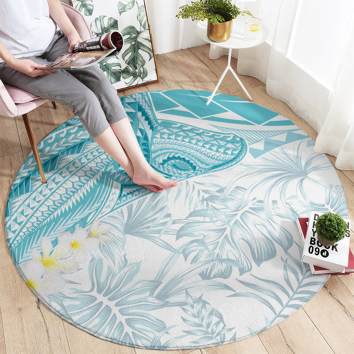 Polynesia Humpback Whale Round Carpet Tropical Plumeria Turquoise LT7 - Polynesian Pride