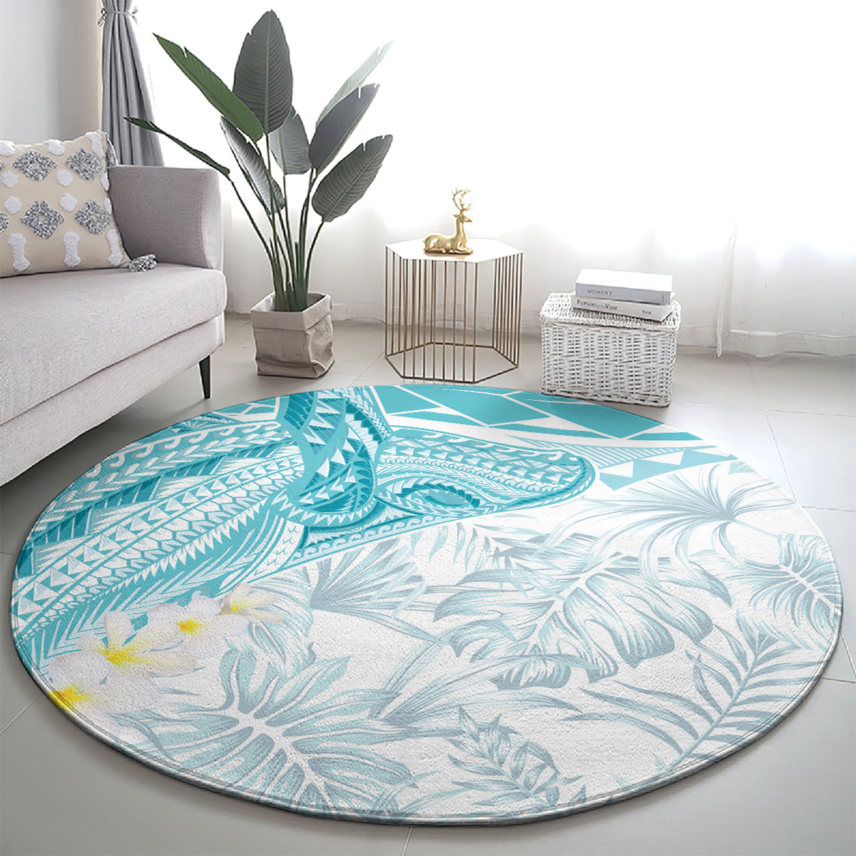 Polynesia Humpback Whale Round Carpet Tropical Plumeria Turquoise LT7 - Polynesian Pride