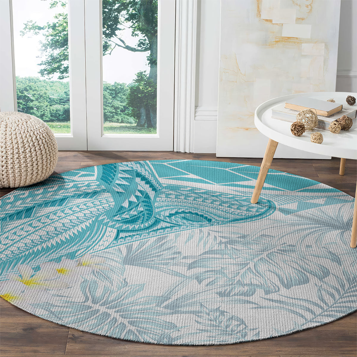 Polynesia Humpback Whale Round Carpet Tropical Plumeria Turquoise LT7 - Polynesian Pride