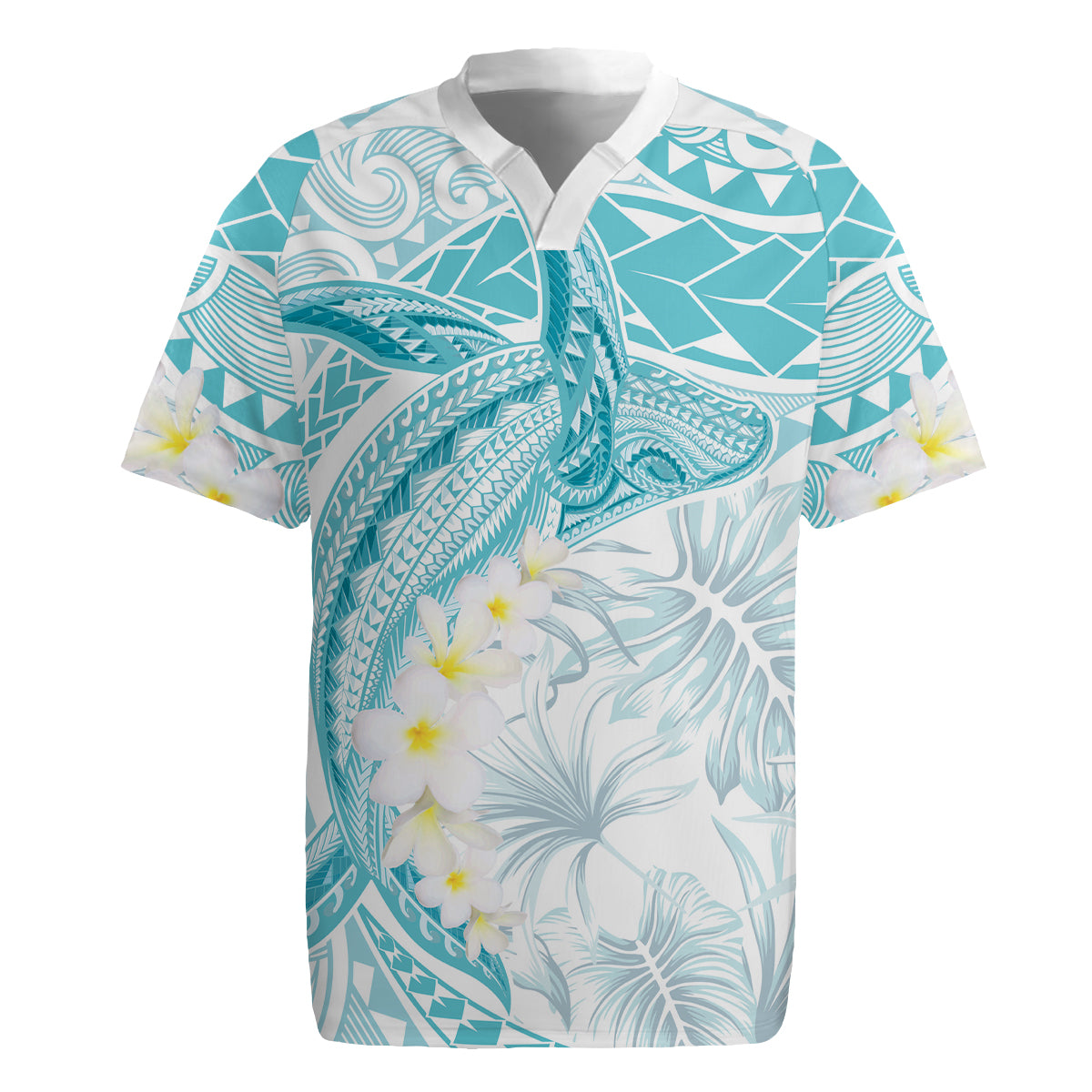 Polynesia Humpback Whale Rugby Jersey Tropical Plumeria Turquoise LT7 Turquoise - Polynesian Pride