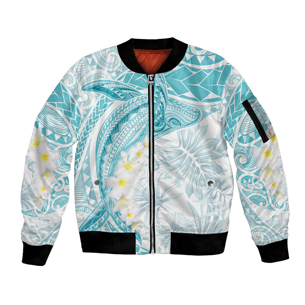 Polynesia Humpback Whale Sleeve Zip Bomber Jacket Tropical Plumeria Turquoise