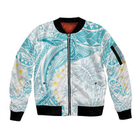 Polynesia Humpback Whale Sleeve Zip Bomber Jacket Tropical Plumeria Turquoise