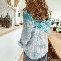 Polynesia Humpback Whale Women Casual Shirt Tropical Plumeria Turquoise