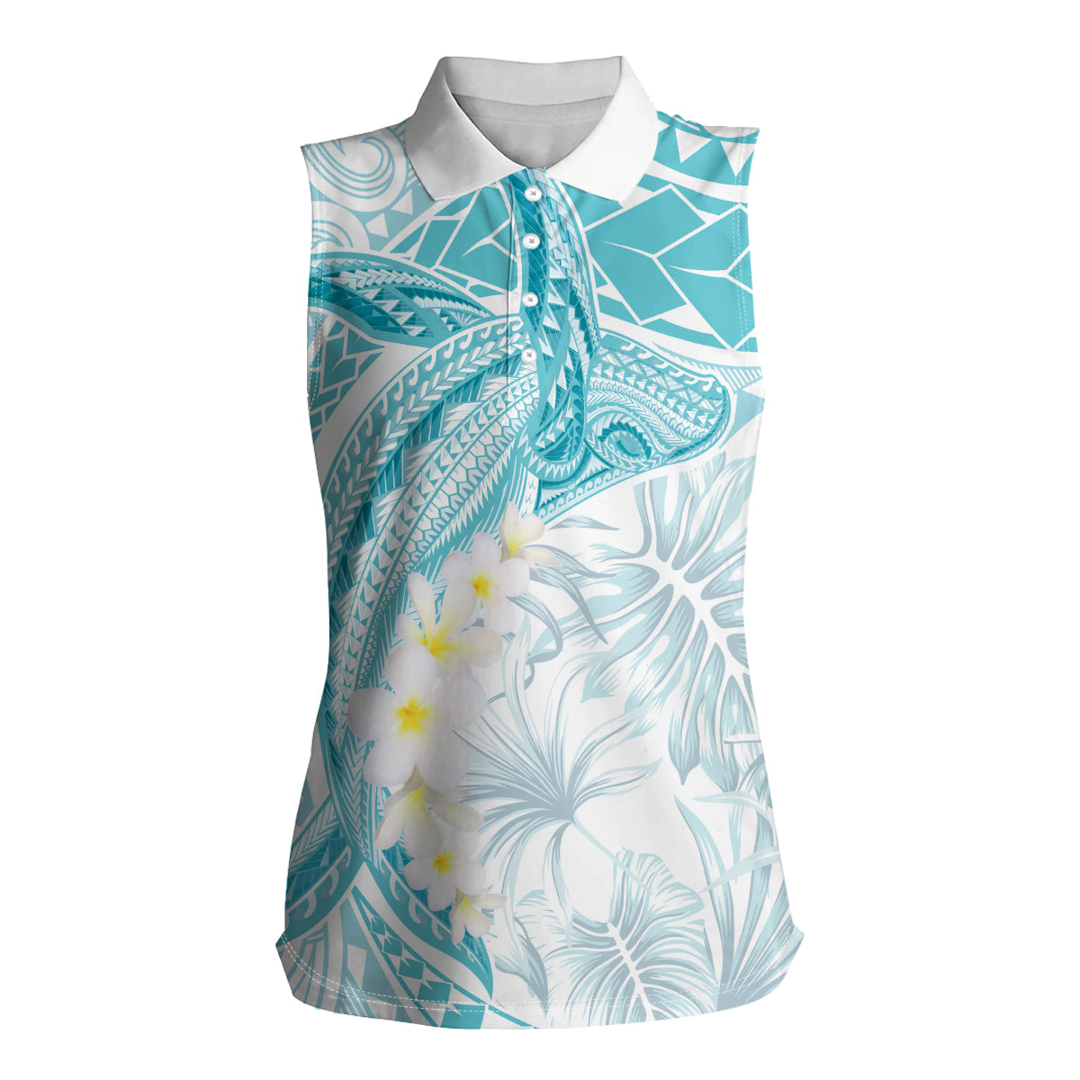 Polynesia Humpback Whale Women Sleeveless Polo Shirt Tropical Plumeria Turquoise LT7 Female Turquoise - Polynesian Pride