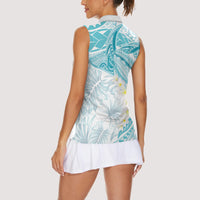 Polynesia Humpback Whale Women Sleeveless Polo Shirt Tropical Plumeria Turquoise