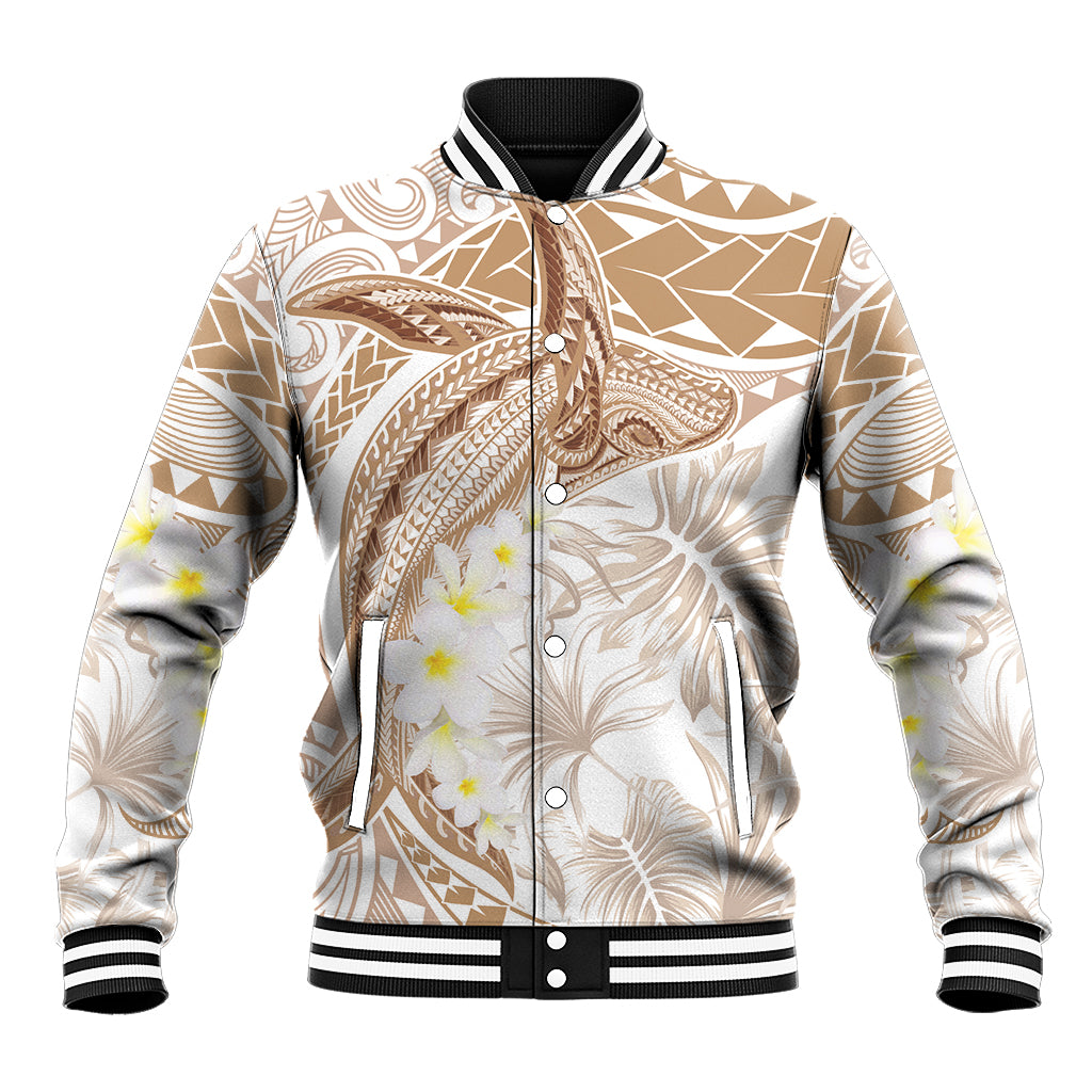 Polynesia Humpback Whale Baseball Jacket Tropical Plumeria Beige