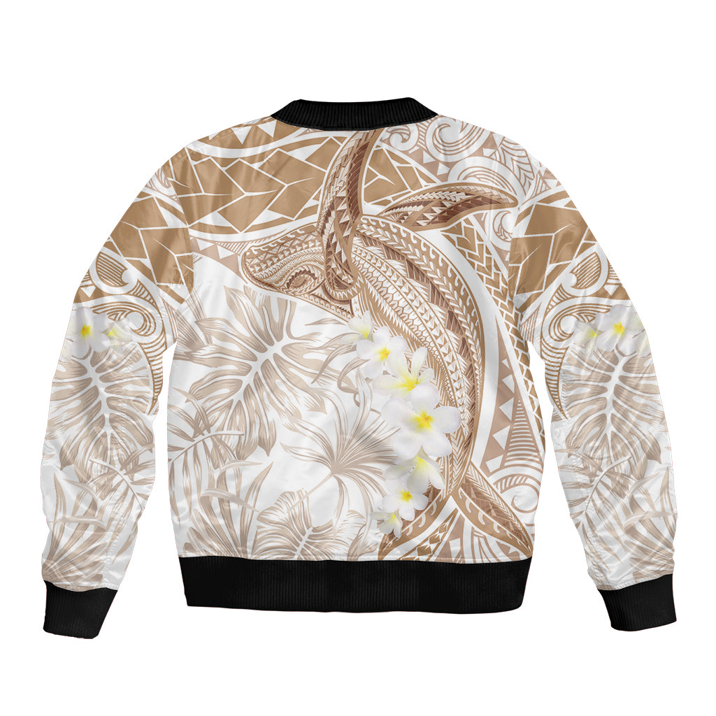 Polynesia Humpback Whale Bomber Jacket Tropical Plumeria Beige