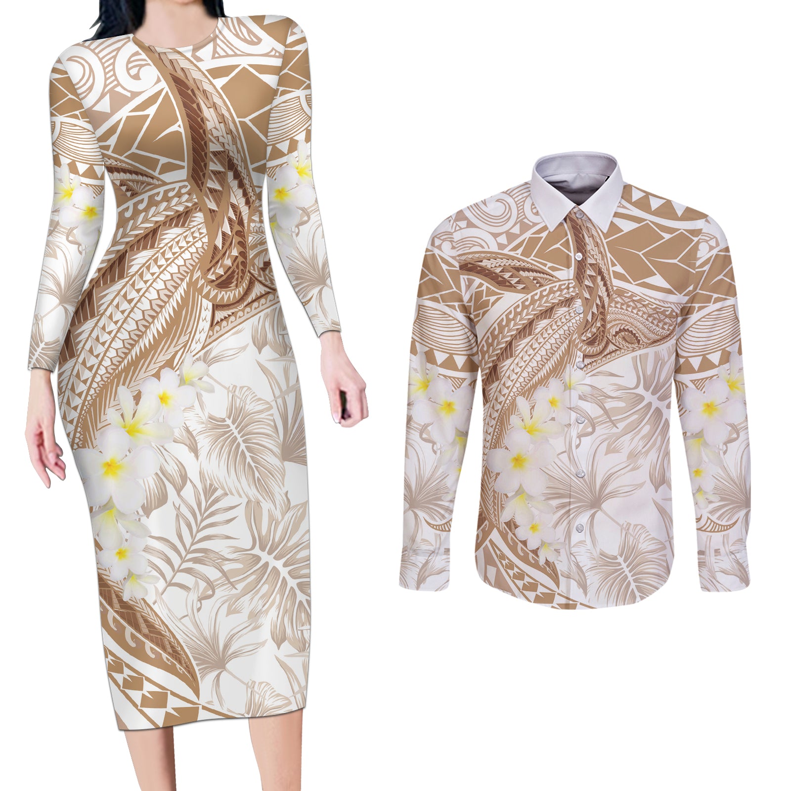 Polynesia Humpback Whale Couples Matching Long Sleeve Bodycon Dress and Long Sleeve Button Shirt Tropical Plumeria Beige LT7 Beige - Polynesian Pride