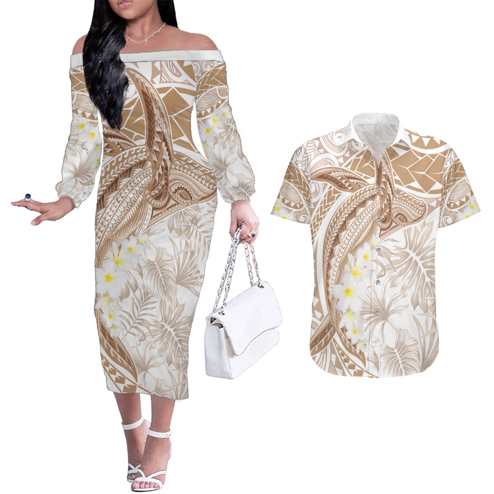 Polynesia Humpback Whale Couples Matching Off The Shoulder Long Sleeve Dress and Hawaiian Shirt Tropical Plumeria Beige