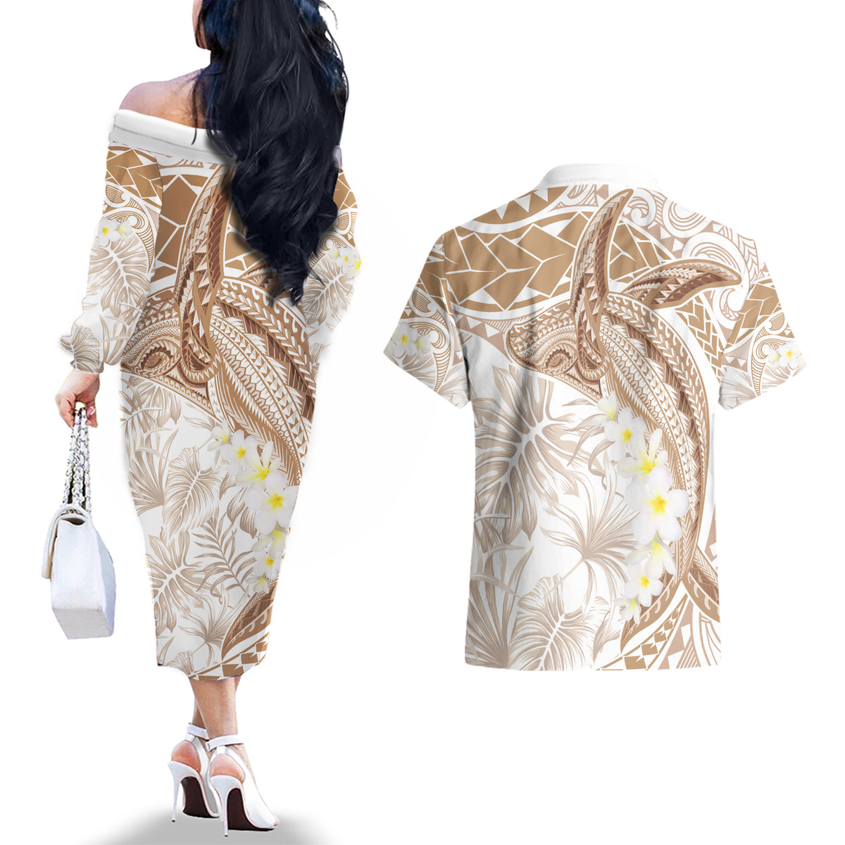 Polynesia Humpback Whale Couples Matching Off The Shoulder Long Sleeve Dress and Hawaiian Shirt Tropical Plumeria Beige