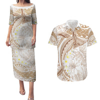 Polynesia Humpback Whale Couples Matching Puletasi and Hawaiian Shirt Tropical Plumeria Beige