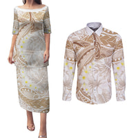 Polynesia Humpback Whale Couples Matching Puletasi and Long Sleeve Button Shirt Tropical Plumeria Beige