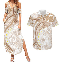 Polynesia Humpback Whale Couples Matching Summer Maxi Dress and Hawaiian Shirt Tropical Plumeria Beige