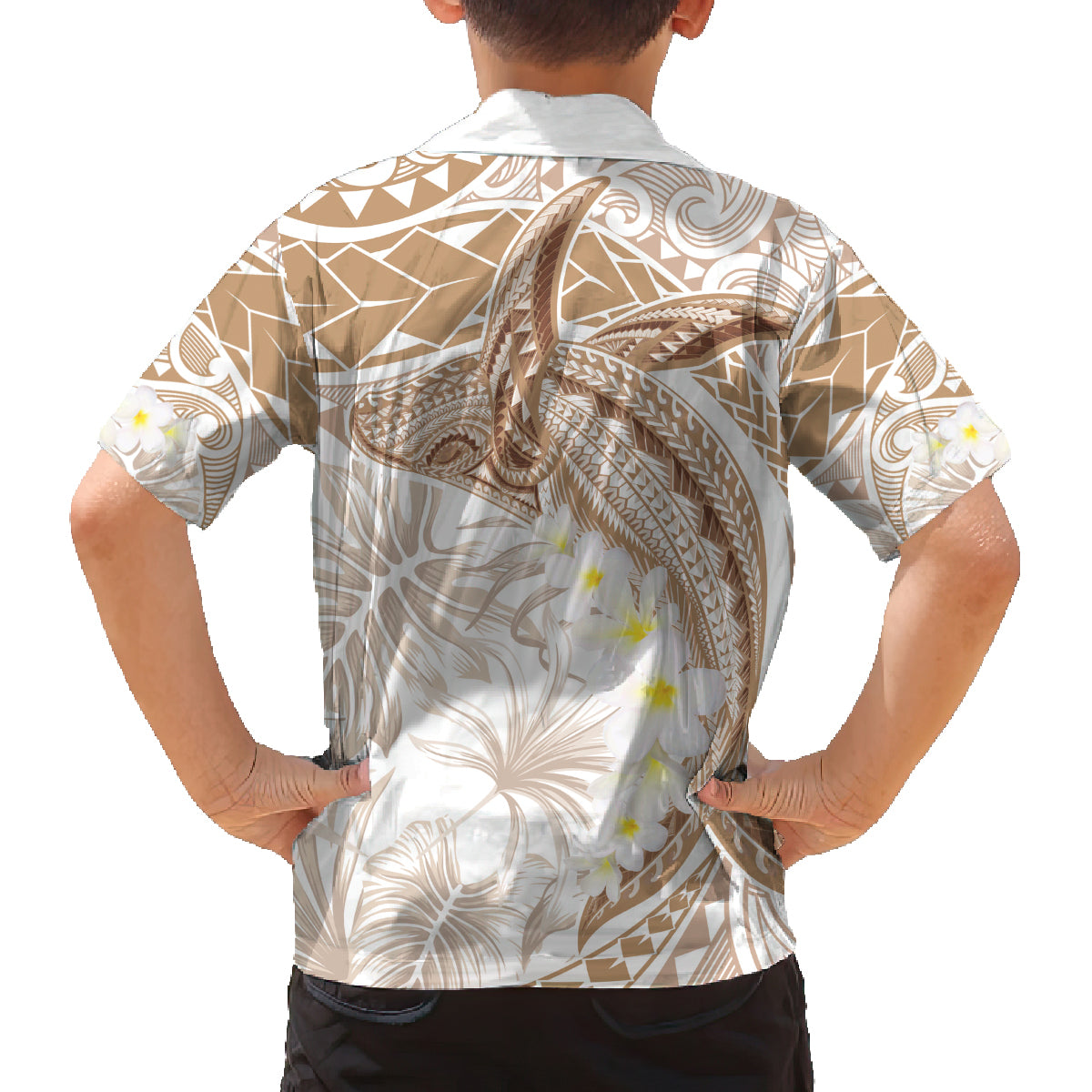 Polynesia Humpback Whale Family Matching Long Sleeve Bodycon Dress and Hawaiian Shirt Tropical Plumeria Beige LT7 - Polynesian Pride