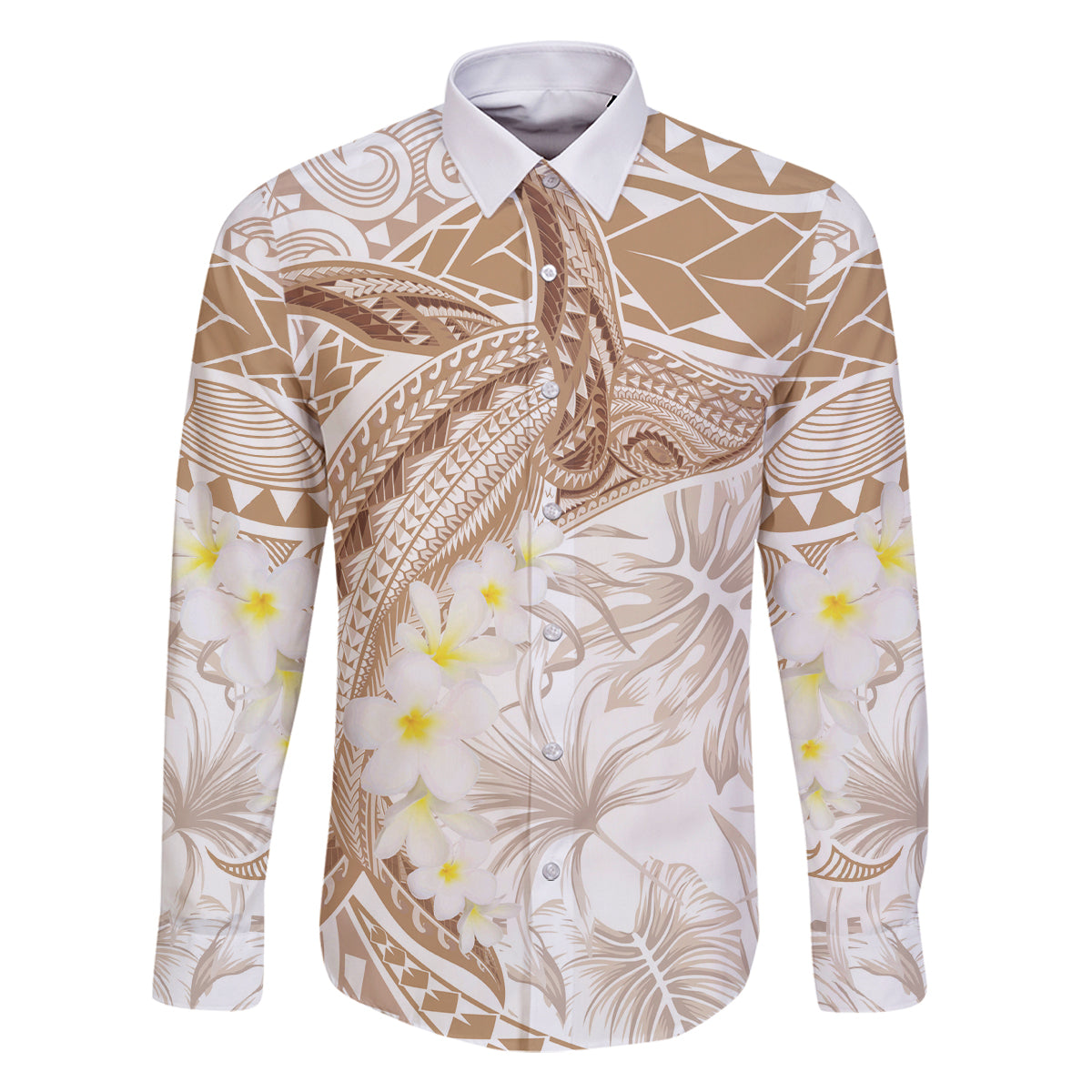 Polynesia Humpback Whale Family Matching Long Sleeve Bodycon Dress and Hawaiian Shirt Tropical Plumeria Beige LT7 Dad's Shirt - Long Sleeve Beige - Polynesian Pride