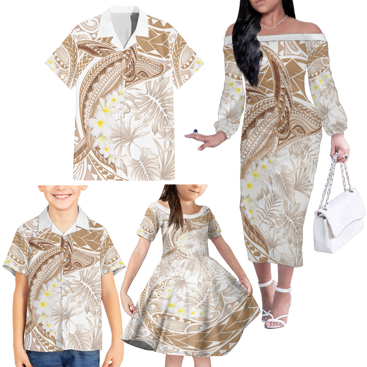 Polynesia Humpback Whale Family Matching Off The Shoulder Long Sleeve Dress and Hawaiian Shirt Tropical Plumeria Beige LT7 - Polynesian Pride