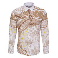 Polynesia Humpback Whale Family Matching Off The Shoulder Long Sleeve Dress and Hawaiian Shirt Tropical Plumeria Beige LT7 Dad's Shirt - Long Sleeve Beige - Polynesian Pride
