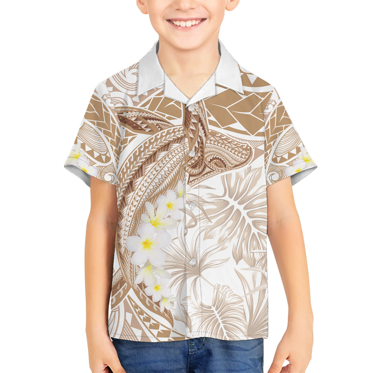 Polynesia Humpback Whale Family Matching Off Shoulder Short Dress and Hawaiian Shirt Tropical Plumeria Beige