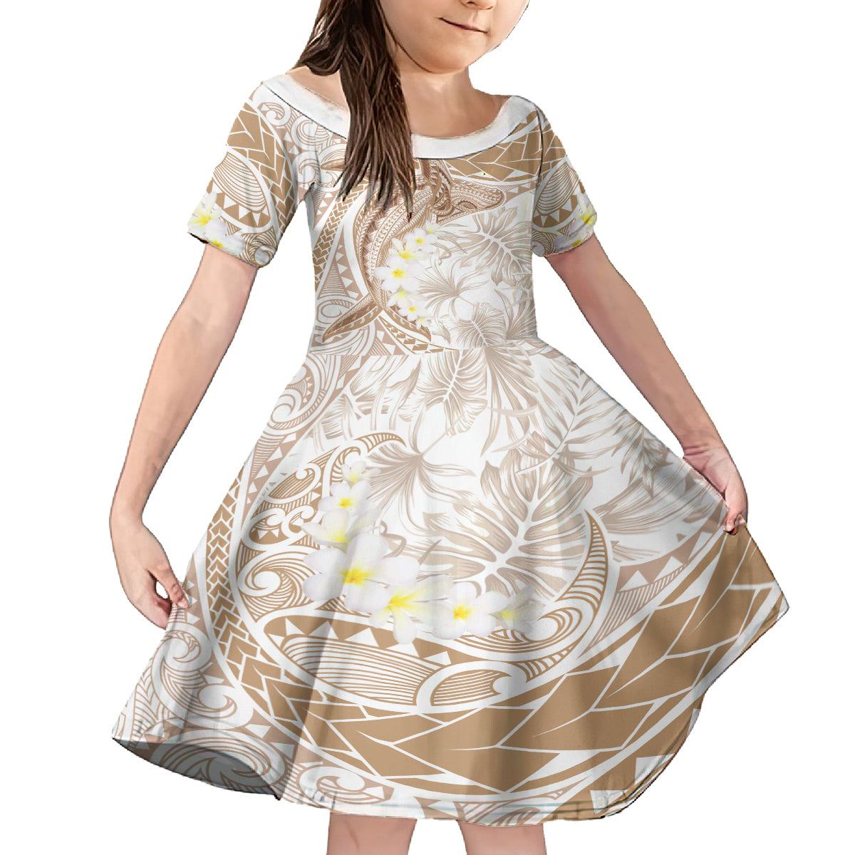 Polynesia Humpback Whale Kid Short Sleeve Dress Tropical Plumeria Beige LT7 KID Beige - Polynesian Pride