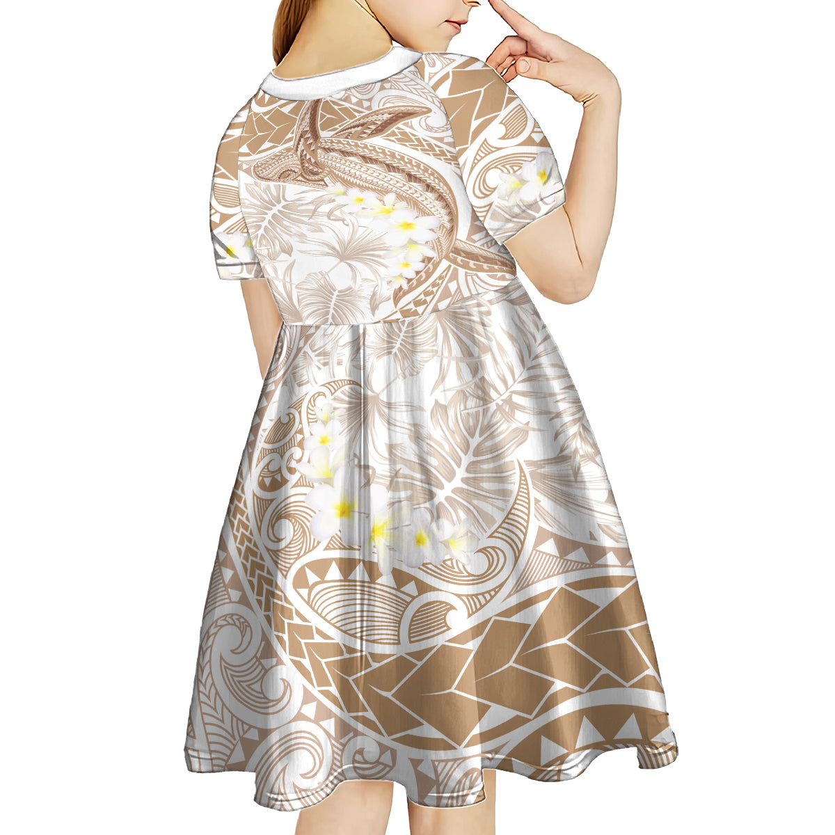 Polynesia Humpback Whale Kid Short Sleeve Dress Tropical Plumeria Beige