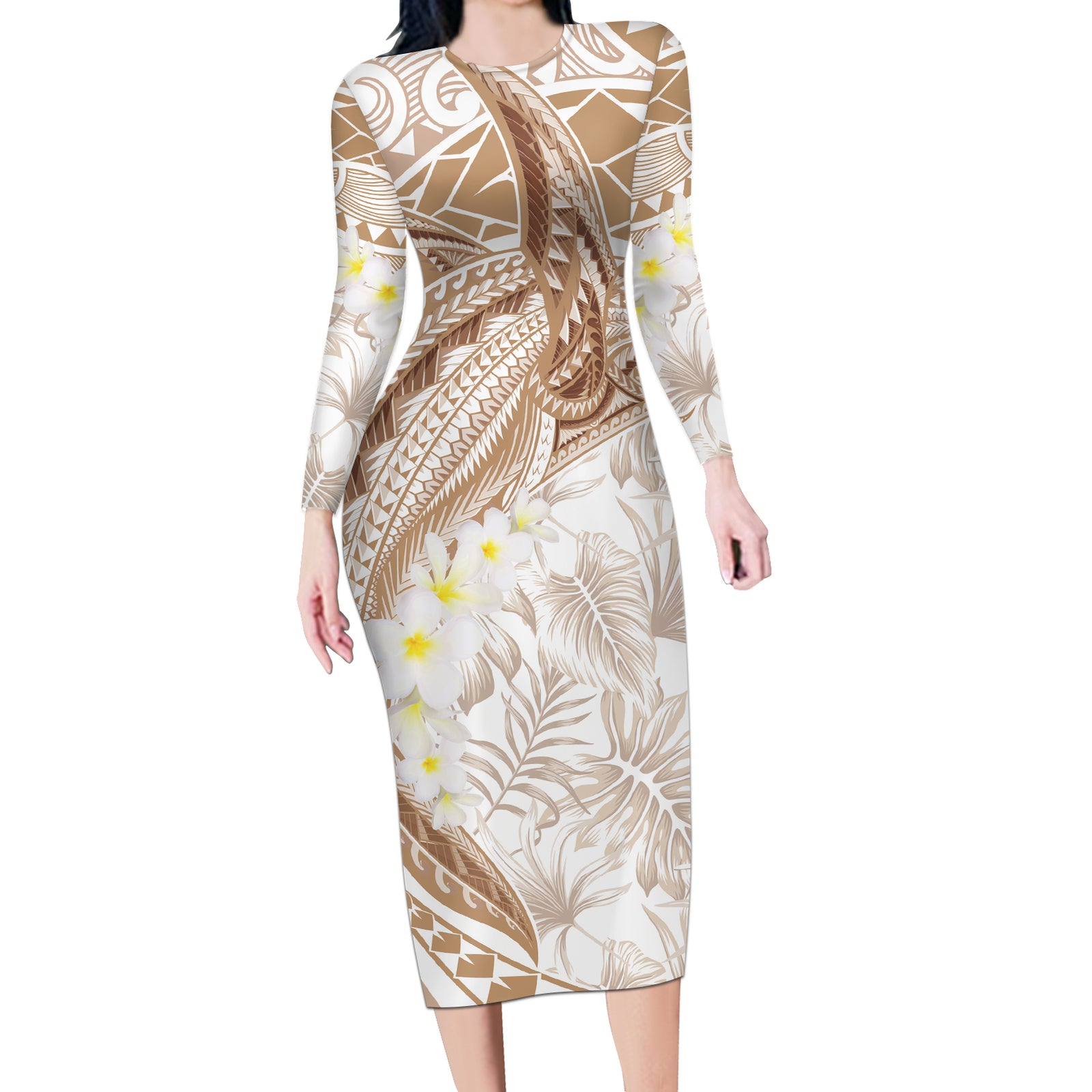 Polynesia Humpback Whale Long Sleeve Bodycon Dress Tropical Plumeria Beige LT7 Long Dress Beige - Polynesian Pride