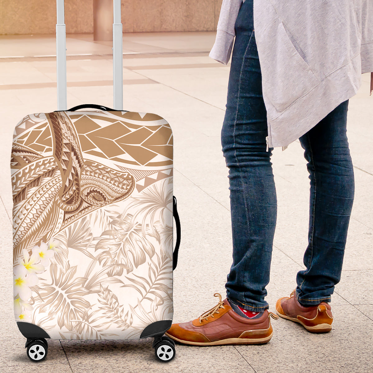 Polynesia Humpback Whale Luggage Cover Tropical Plumeria Beige LT7 Beige - Polynesian Pride