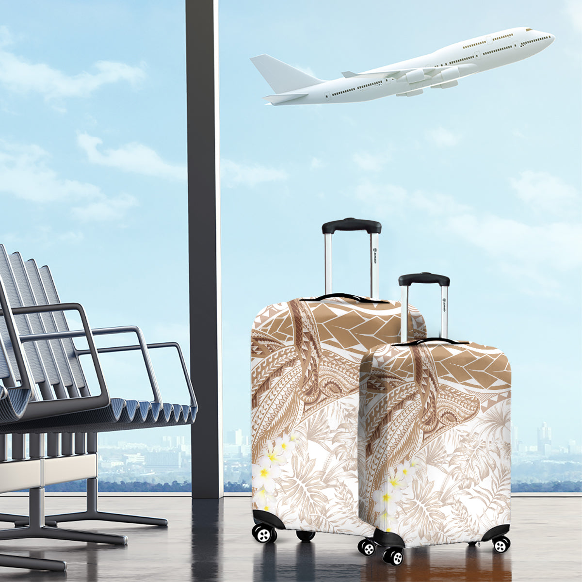 Polynesia Humpback Whale Luggage Cover Tropical Plumeria Beige LT7 - Polynesian Pride