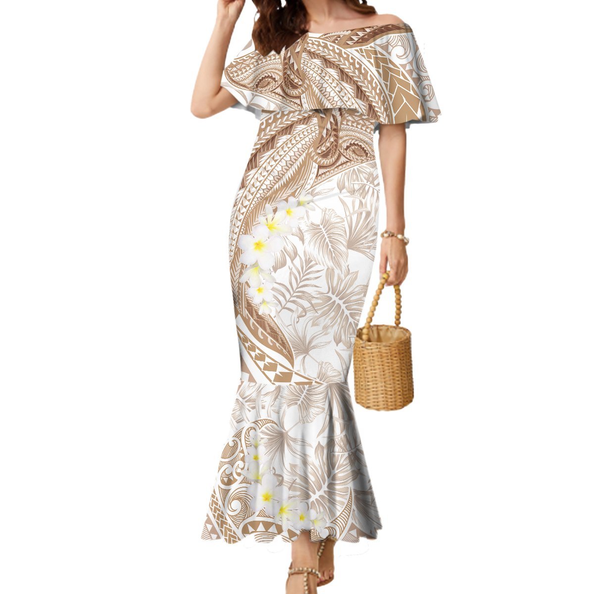 Polynesia Humpback Whale Mermaid Dress Tropical Plumeria Beige LT7 Women Beige - Polynesian Pride