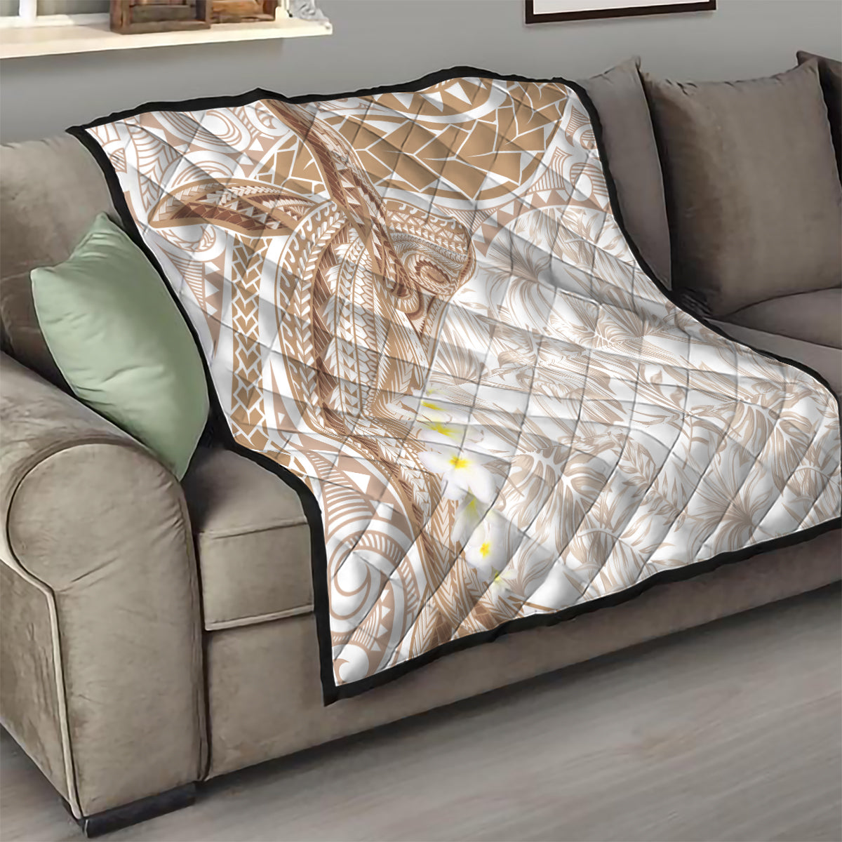 Polynesia Humpback Whale Quilt Tropical Plumeria Beige