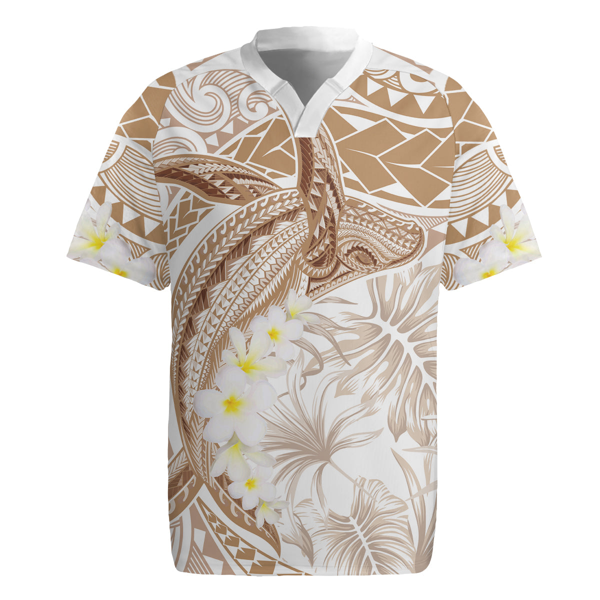 Polynesia Humpback Whale Rugby Jersey Tropical Plumeria Beige LT7 Beige - Polynesian Pride