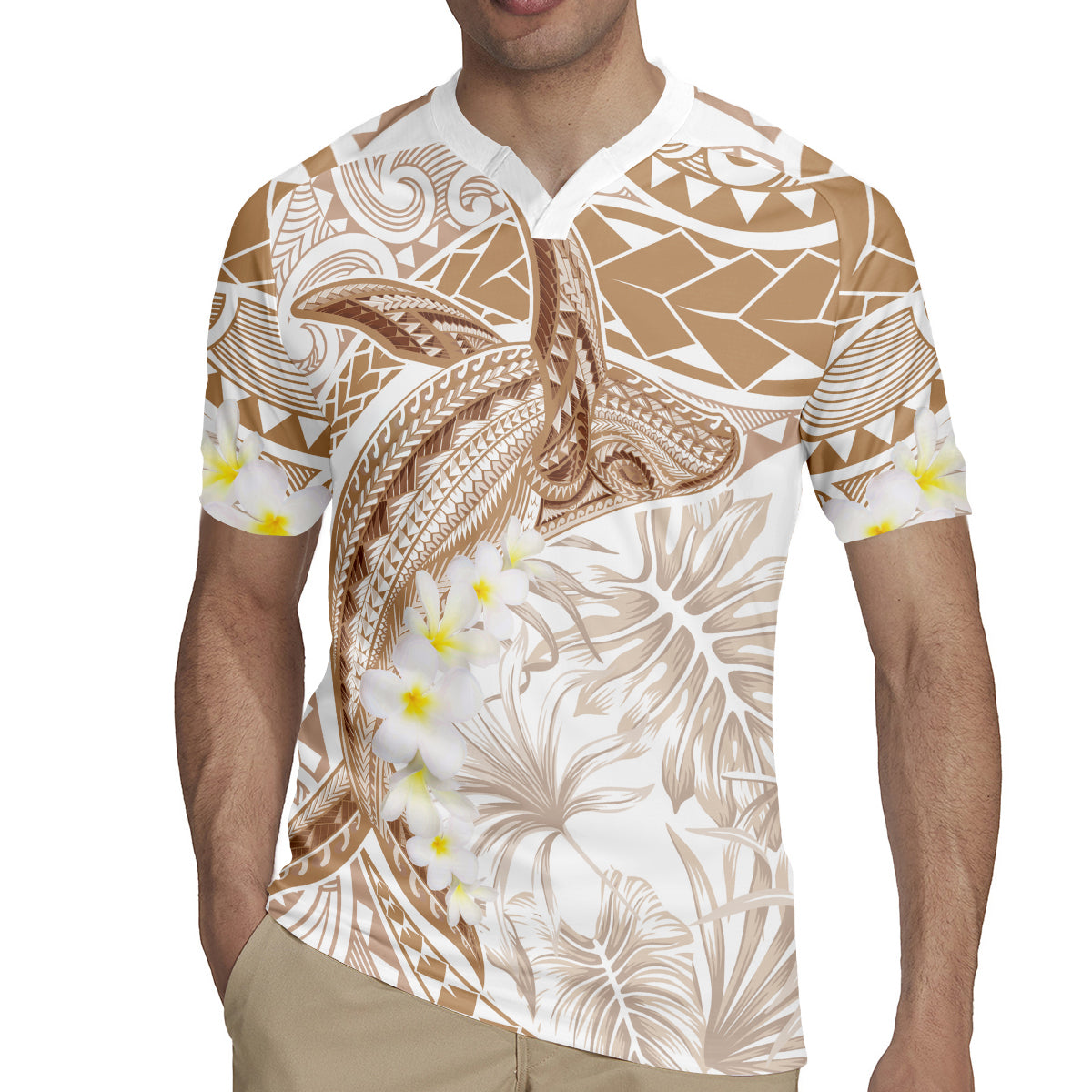 Polynesia Humpback Whale Rugby Jersey Tropical Plumeria Beige