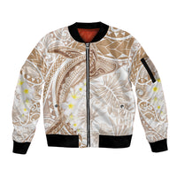 Polynesia Humpback Whale Sleeve Zip Bomber Jacket Tropical Plumeria Beige