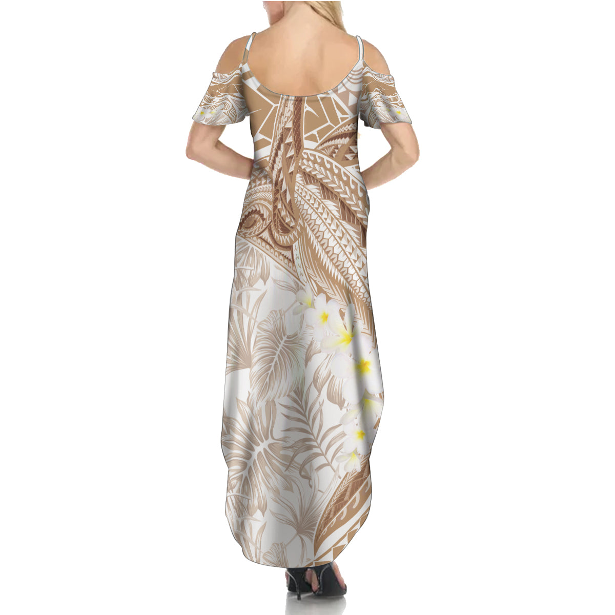 Polynesia Humpback Whale Summer Maxi Dress Tropical Plumeria Beige