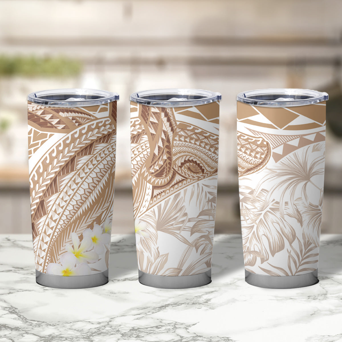 Polynesia Humpback Whale Tumbler Cup Tropical Plumeria Beige