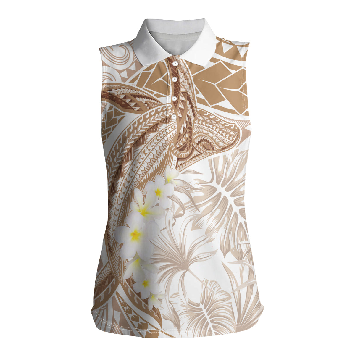 Polynesia Humpback Whale Women Sleeveless Polo Shirt Tropical Plumeria Beige LT7 Female Beige - Polynesian Pride