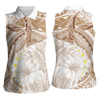 Polynesia Humpback Whale Women Sleeveless Polo Shirt Tropical Plumeria Beige