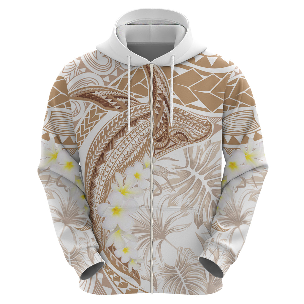 Polynesia Humpback Whale Zip Hoodie Tropical Plumeria Beige LT7 - Polynesian Pride