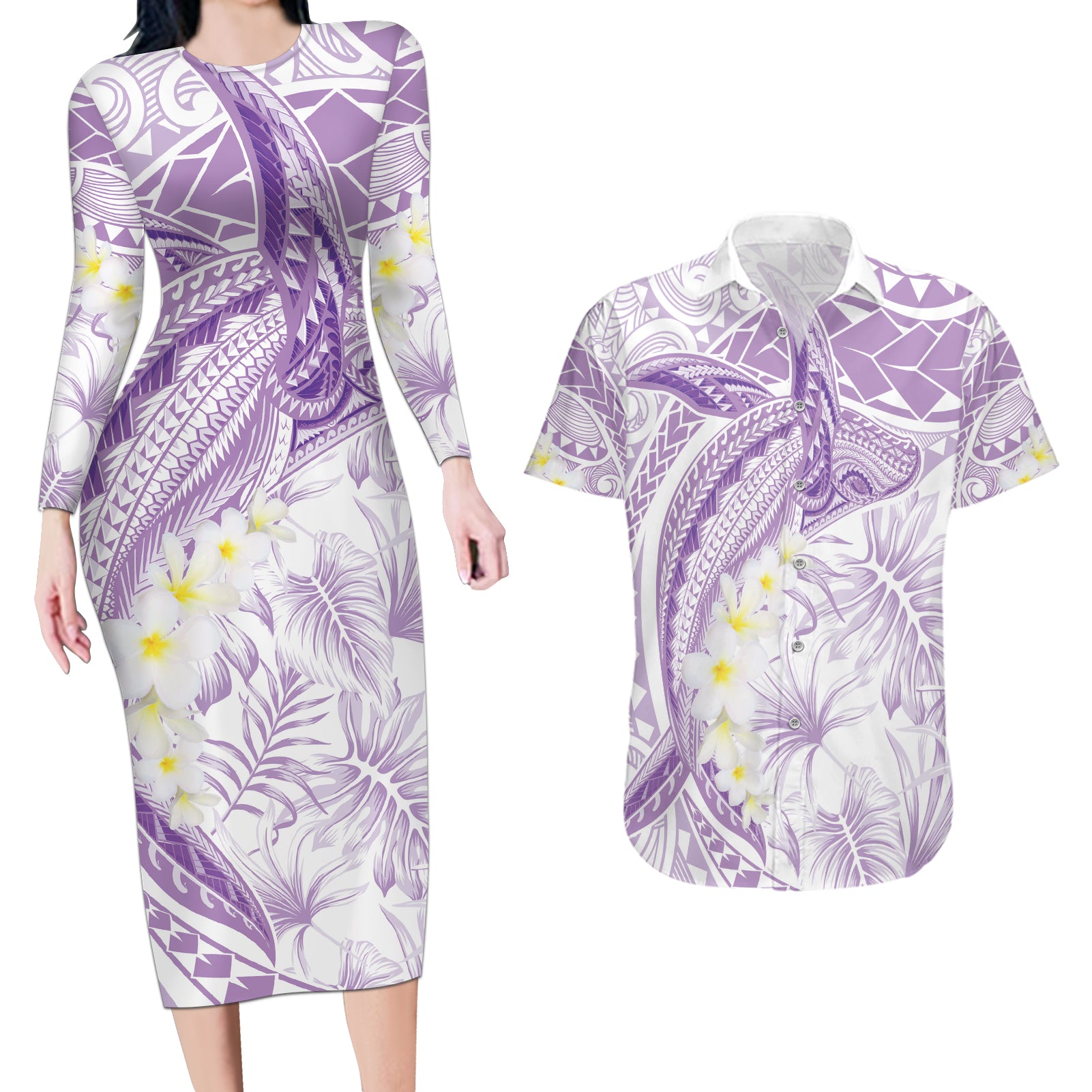 Polynesia Humpback Whale Couples Matching Long Sleeve Bodycon Dress and Hawaiian Shirt Tropical Plumeria Lavender