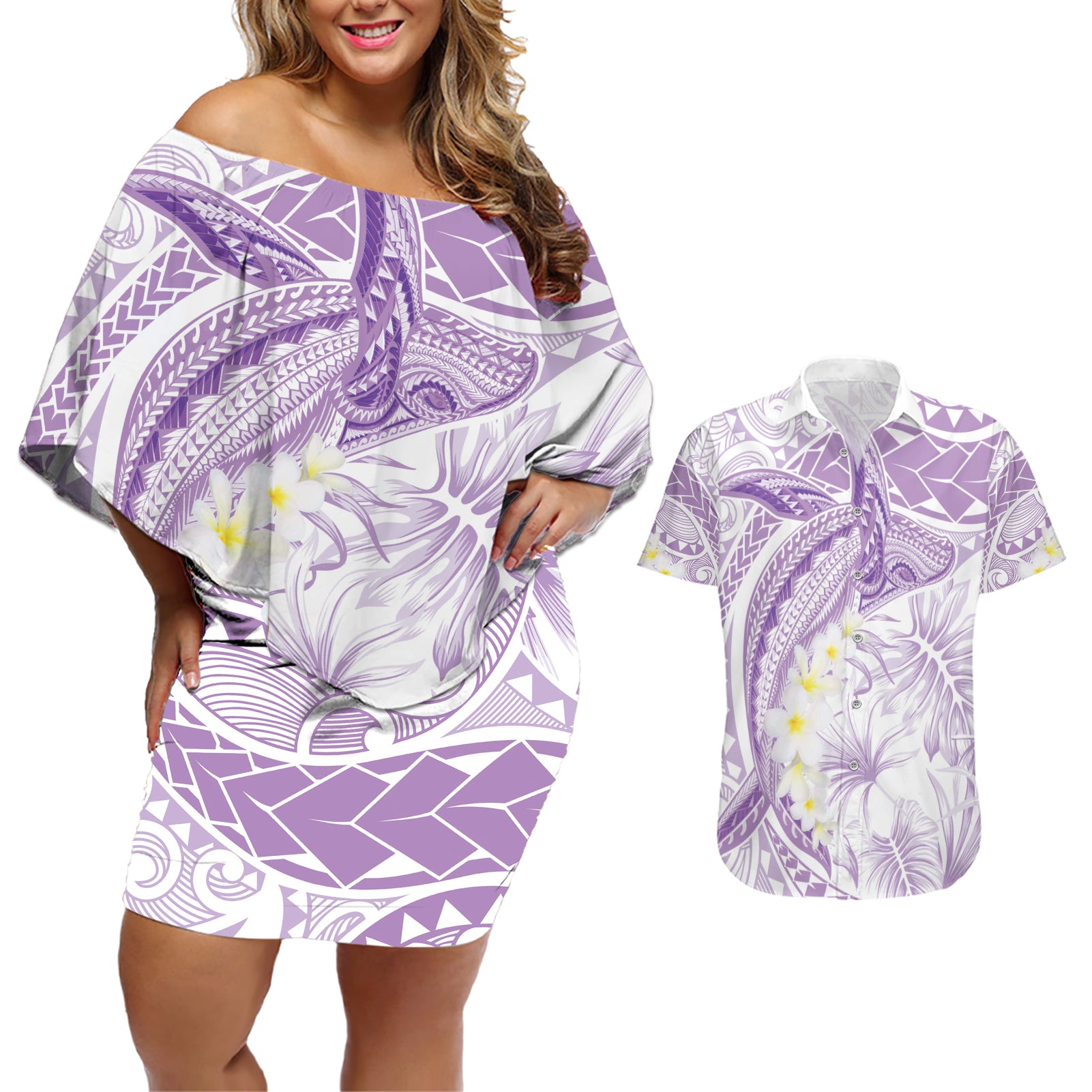 Polynesia Humpback Whale Couples Matching Off Shoulder Short Dress and Hawaiian Shirt Tropical Plumeria Lavender