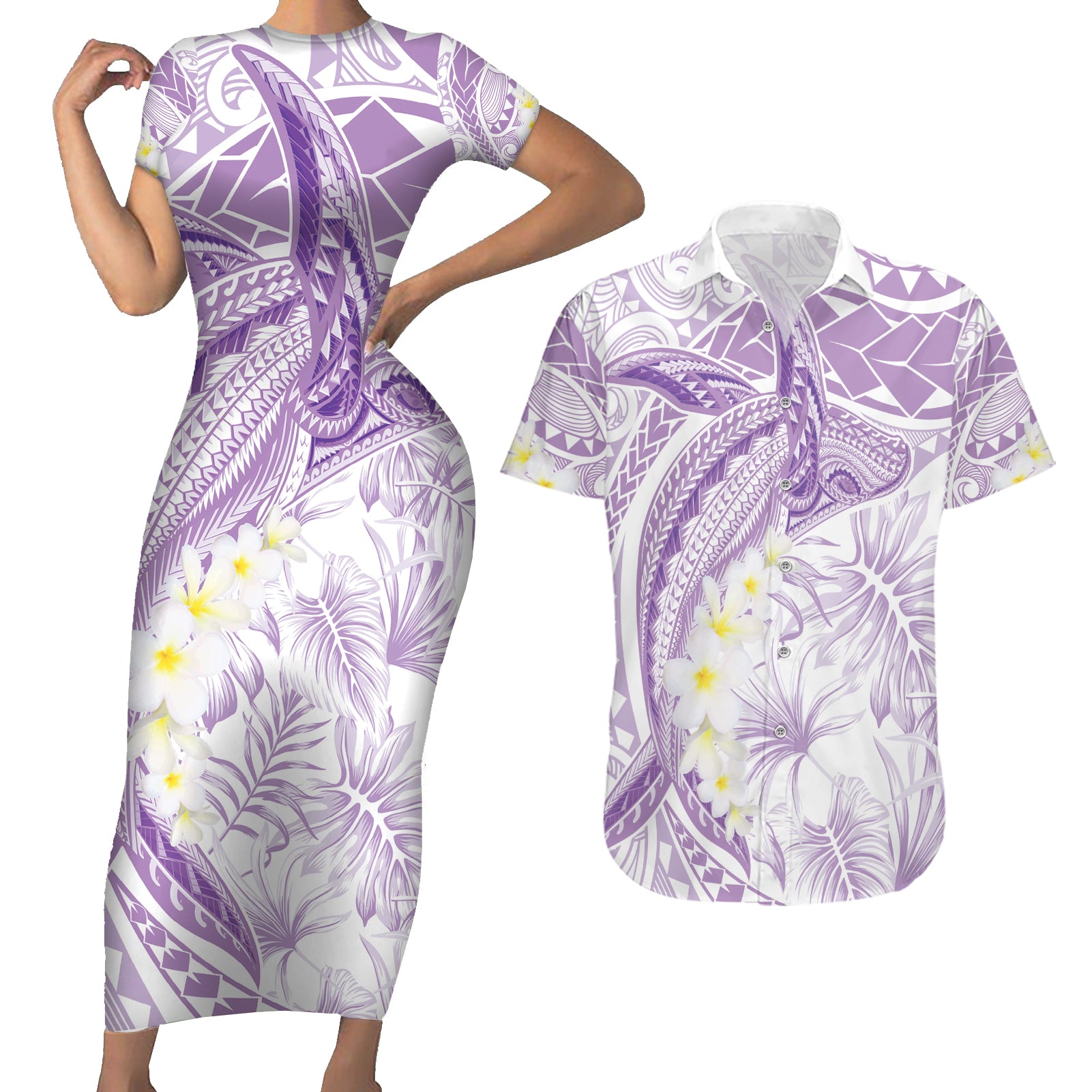 Polynesia Humpback Whale Couples Matching Short Sleeve Bodycon Dress and Hawaiian Shirt Tropical Plumeria Lavender