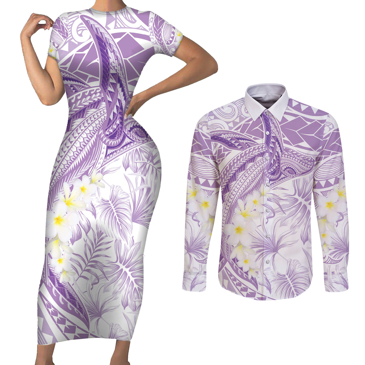 Polynesia Humpback Whale Couples Matching Short Sleeve Bodycon Dress and Long Sleeve Button Shirt Tropical Plumeria Lavender LT7 Lavender - Polynesian Pride