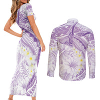 Polynesia Humpback Whale Couples Matching Short Sleeve Bodycon Dress and Long Sleeve Button Shirt Tropical Plumeria Lavender LT7 - Polynesian Pride