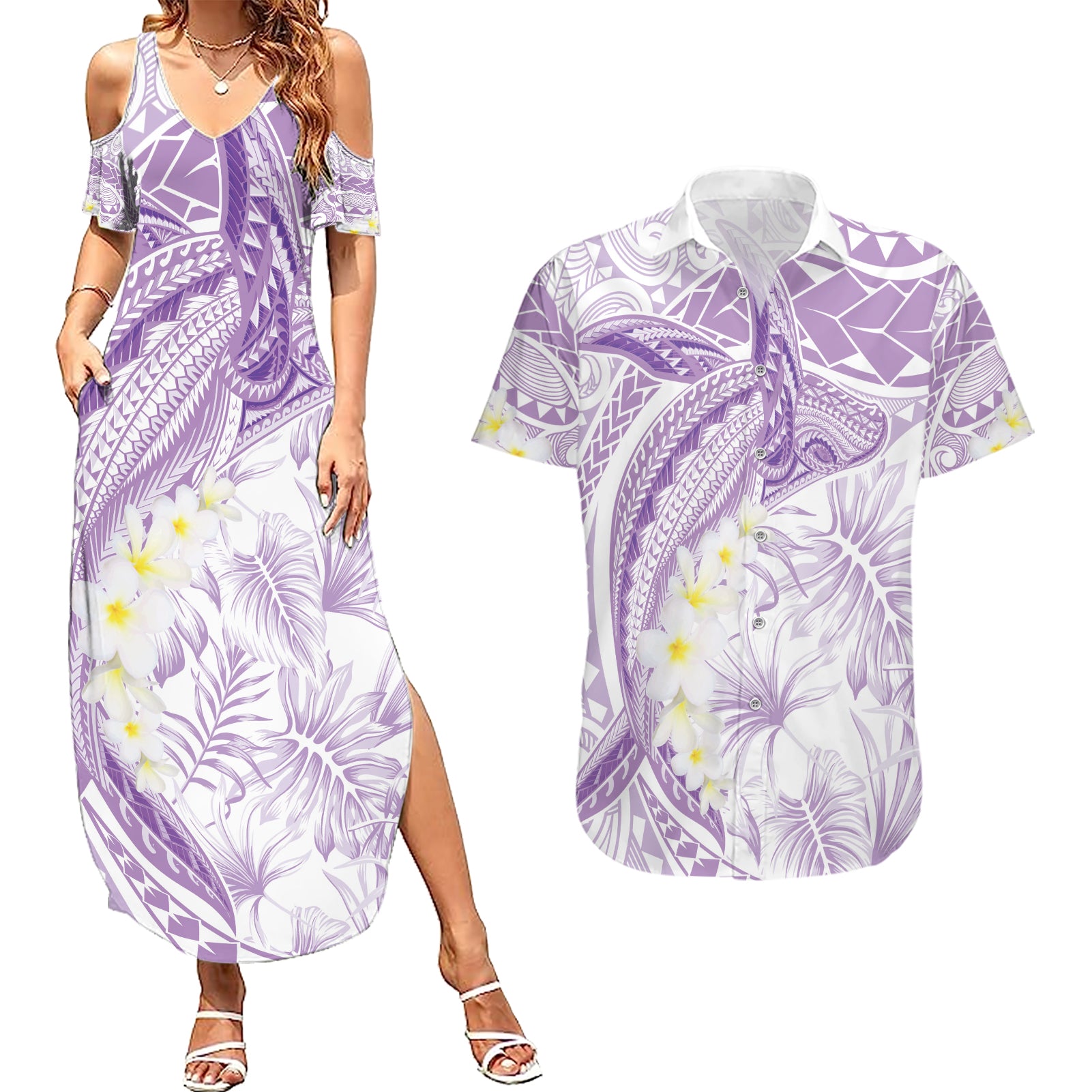 Polynesia Humpback Whale Couples Matching Summer Maxi Dress and Hawaiian Shirt Tropical Plumeria Lavender
