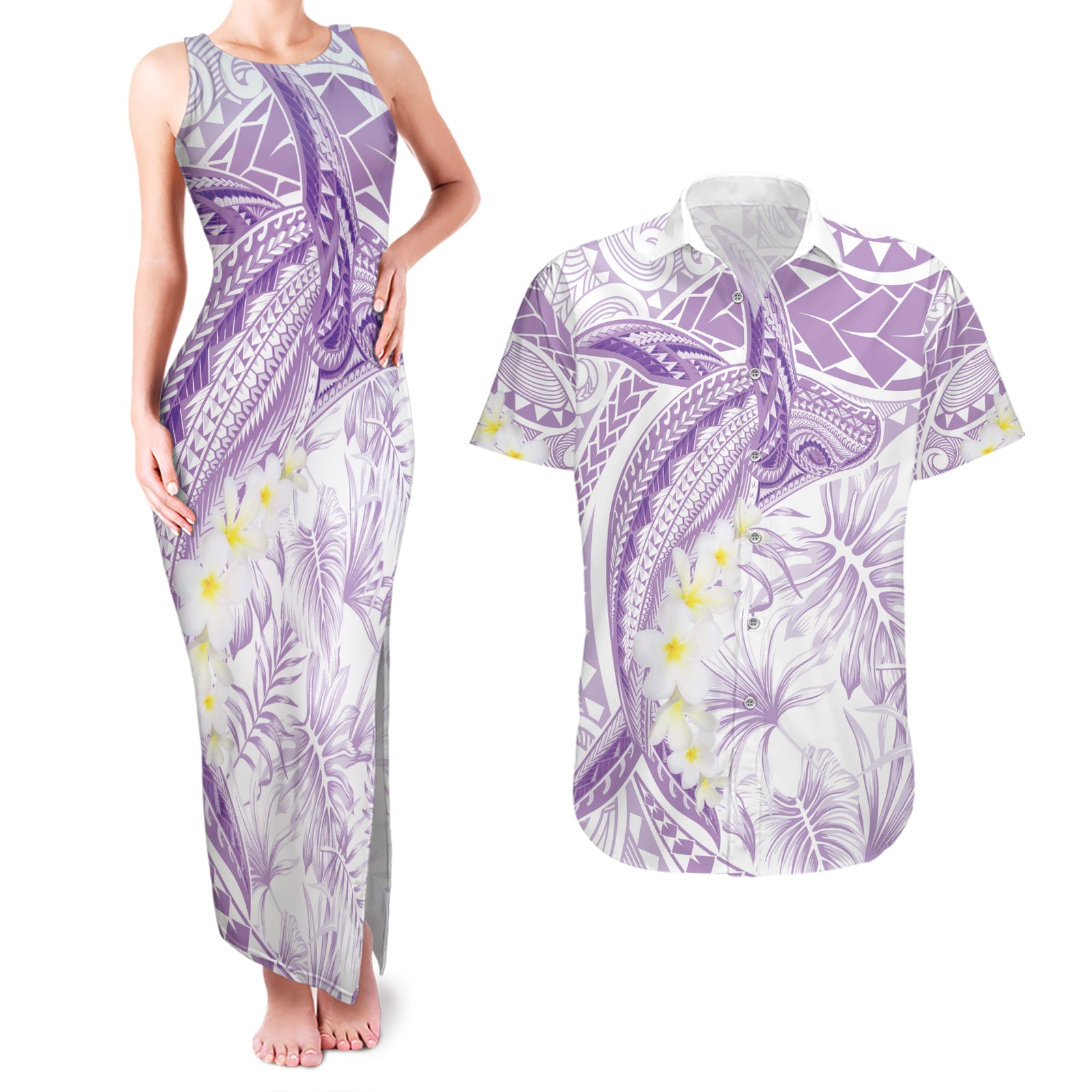 Polynesia Humpback Whale Couples Matching Tank Maxi Dress and Hawaiian Shirt Tropical Plumeria Lavender LT7 Lavender - Polynesian Pride